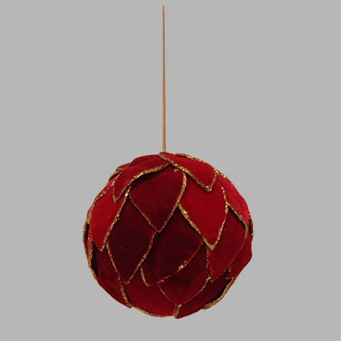 Kerstbal fluweel kleur goud en rood 10 cm