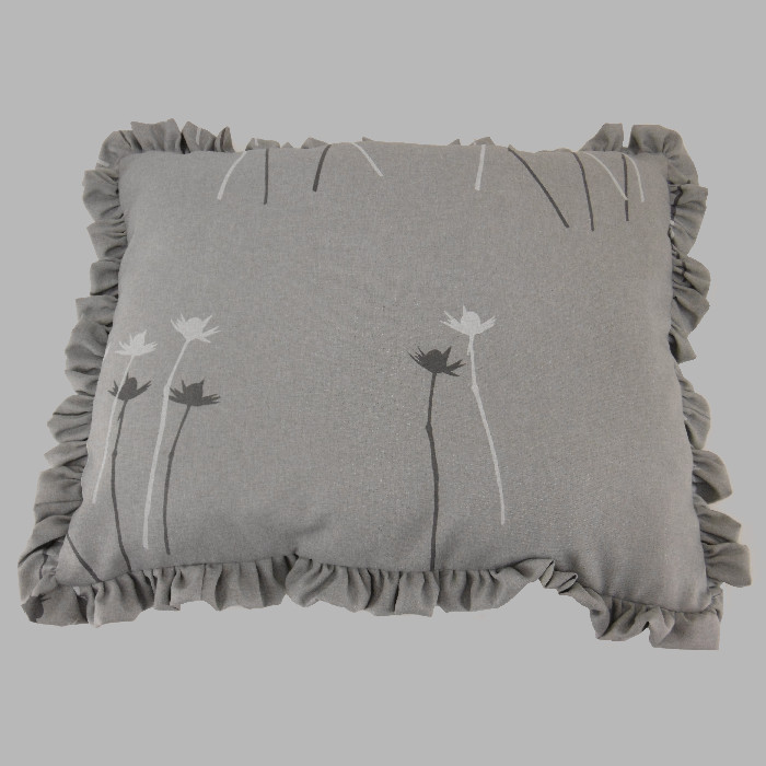 Cushion with ruching in anthracite and grey with flowers 62 x 52 cm