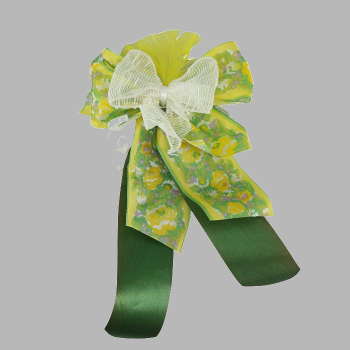 Bowknot jaune vert blanc avec plumes jaunes L 17 x L 27 cm