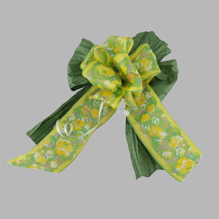 Bow yellow floral ribbon and green paper L 24 x W 17 cm