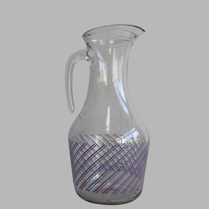 Vintage Glass Pitcher with Red-Blue Striped Design - Timeless Style