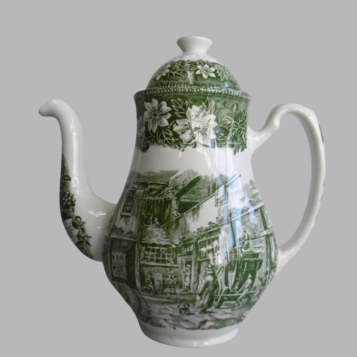 Vintage Teapot with Green Village Scene - Classic Ceramic Art