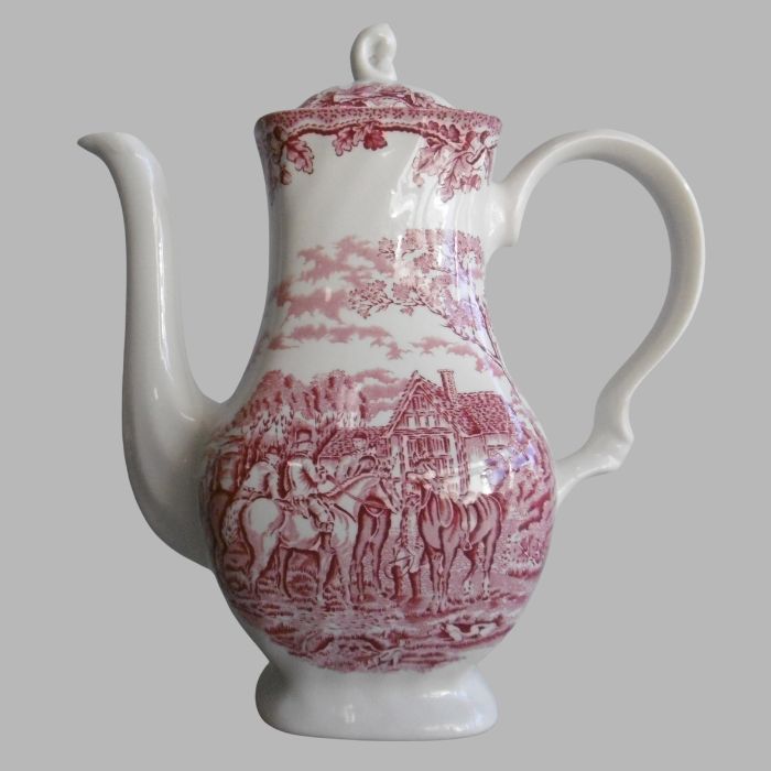 Vintage Ceramic Coffee Pot with Red Historical Scene and Floral Motifs